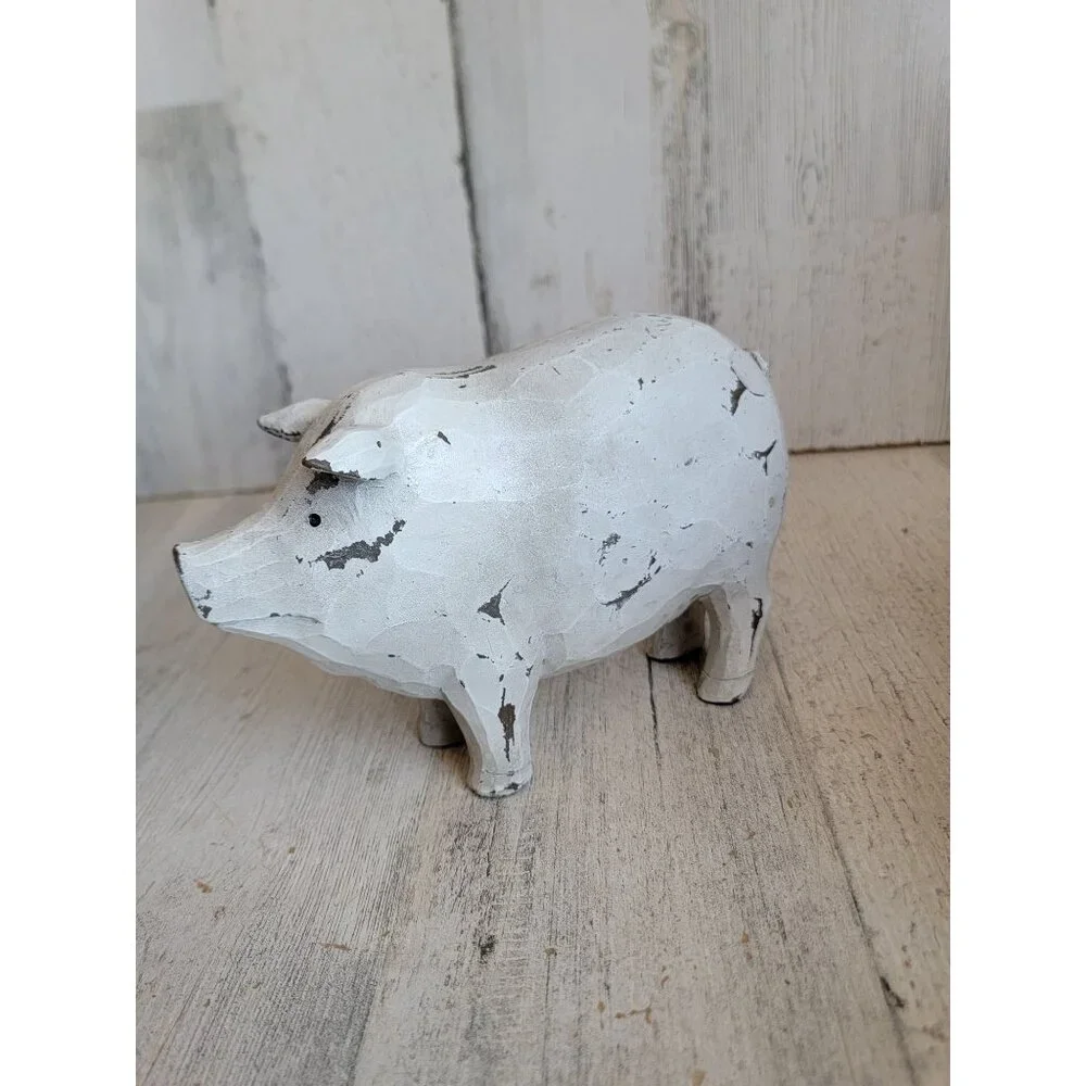 Rustic pig wooden farm animal home decor vintage unique white - Picture 2 of 7